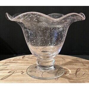 Vintage MCM Pink Seeded Hand Blown Scalloped Pedestal Candy Bowl 5.5"